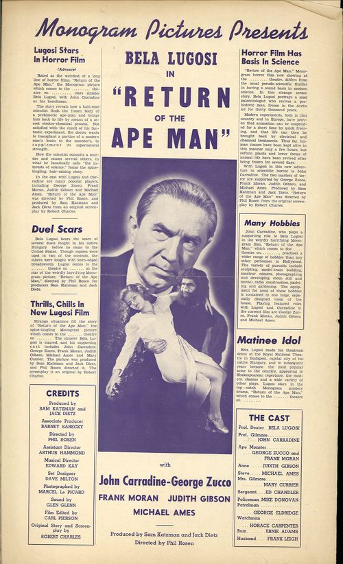 return of the ape man pressbook bela lugosi